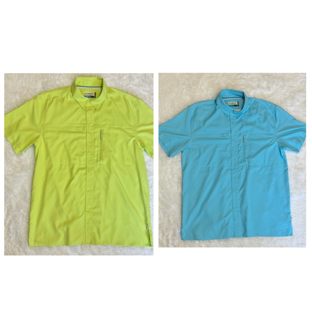 Magellan Outdoors Lime Green and Sky Blue Casual Button Down Shirts